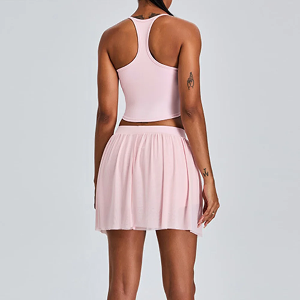 Abbigliamento sportivo da 2 pezzi Gonna corta sportiva per il tempo libero Set da yoga Gonna da tennis a pieghe in rete foderata con cintura da donna Tuta da fitness push up da corsa