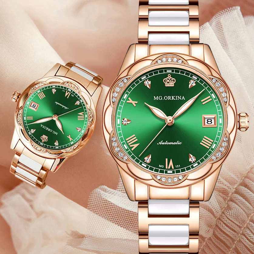 ORKINA Women Automatic Watch Luxury Brand Sunbeam Dial Auto Date Ceramic Steel Band Lady Business Dress Mechanical Wristwatch