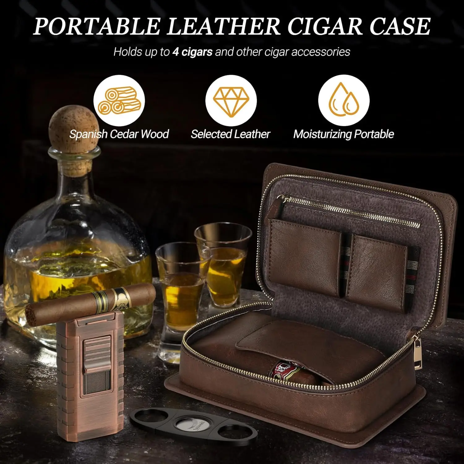 Cigar Humidor Leather Cedar Wood Cigar Case with Cigar Lighter, Cigar Cutter,Humidifier,Portable Travel Humidor Cigar Box