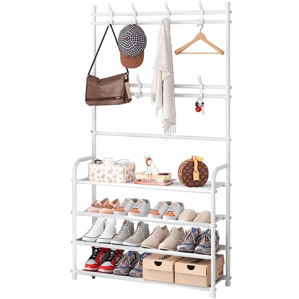 

White Clothes Wardrobe Entryway Shoe Rack With Coat Rack 4 Tier Shoe Stand Orqanizer for Bedroom Dorm Shelf Hanger Coats Racks