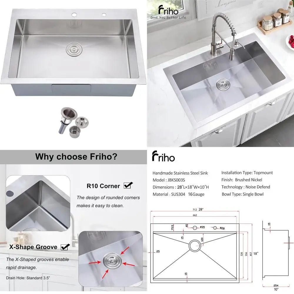 

Commercial 16 Gauge Stainless Steel 28 Inch Single Bowl Kitchen Sink with Basket Strainer, Topmount Design, Handmade for Durabil