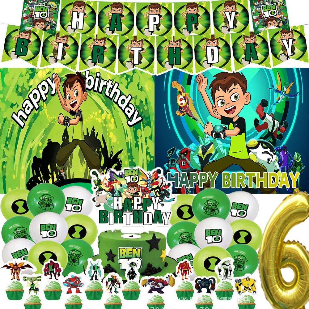 

Cartoon Ben 10 Theme Kid Birthday Party Supplies Green Balloon Game Ben-10 Background Cupcake Topper Banner Baby Shower Supplies