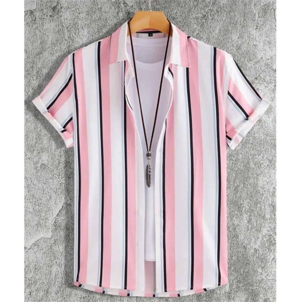 Summer Fashion 3D Print Striped Men's Shirts Basic GraphicsButton Short Sleeve Lapel Streetwear Hawaiian Blouse shirts for men