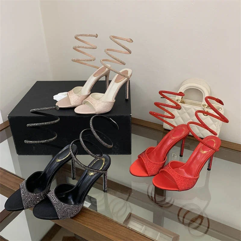 Aneikeh Street Style Sexy Black Rhinestone Wrap Around Heels Women Open Toe Stiletto High Heel Sandals 2026 Party Crystal Shoes
