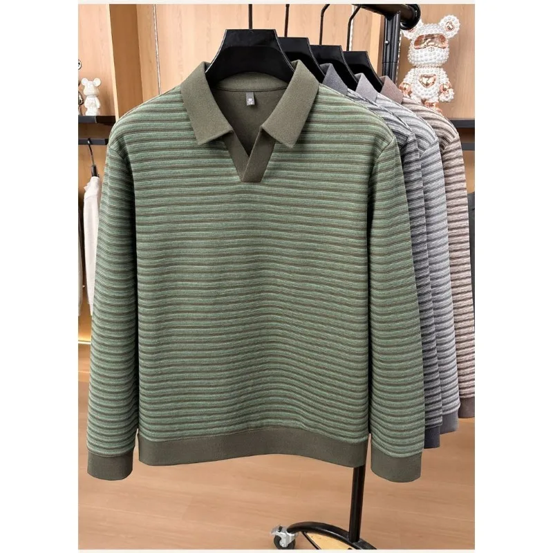 Men's Striped Lapel Long Sleeve T Shirt Thick Warm Anti Wrinkle Loose Dad Style Casual Basic Top