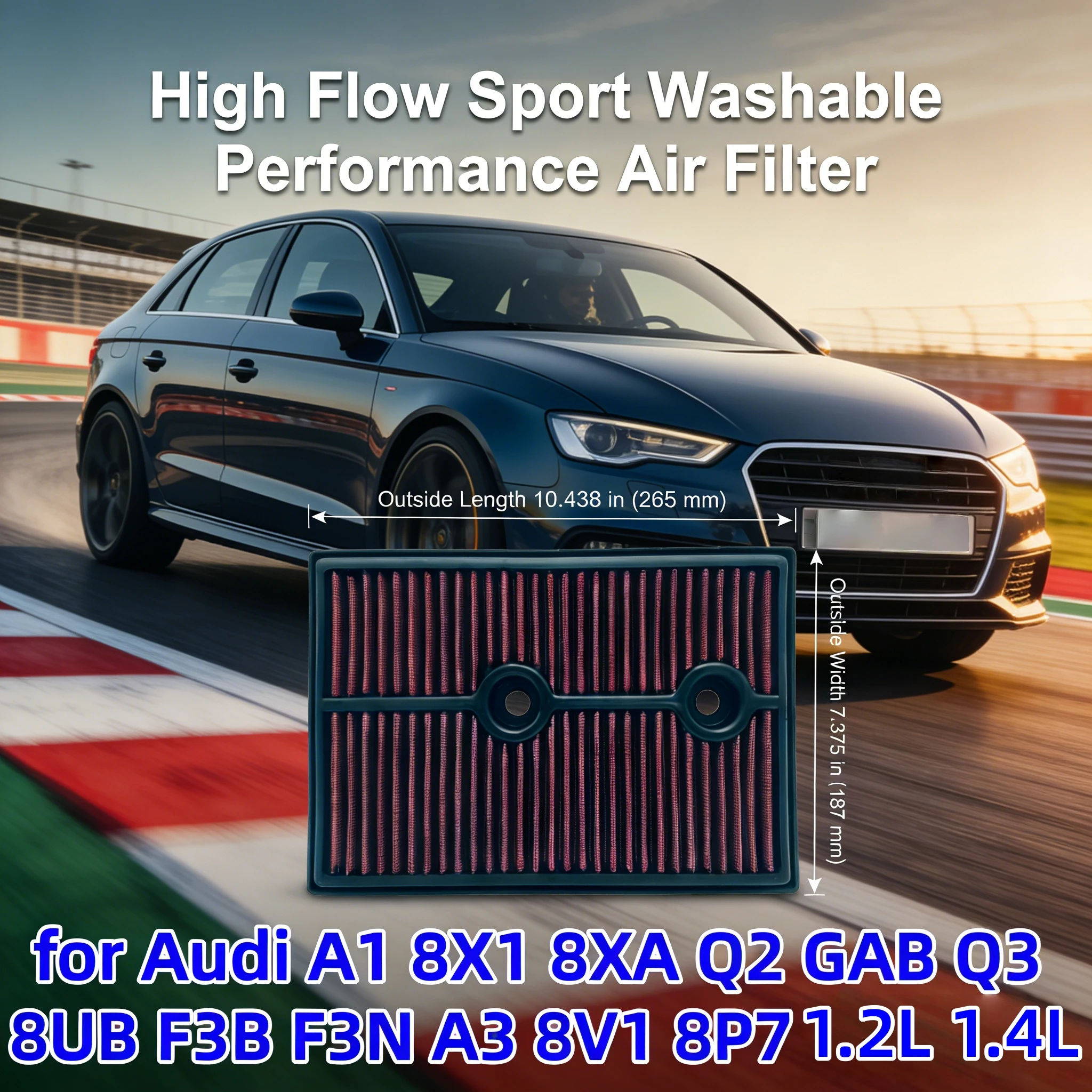 

For Audi A1 8X1 8XA A3 8P7 8V1 Q2 GAB Q3 8UB F3B F3N 1.2L 1.4L High Flow Sport Washable Performance Air Filter 33-3004 04E129620