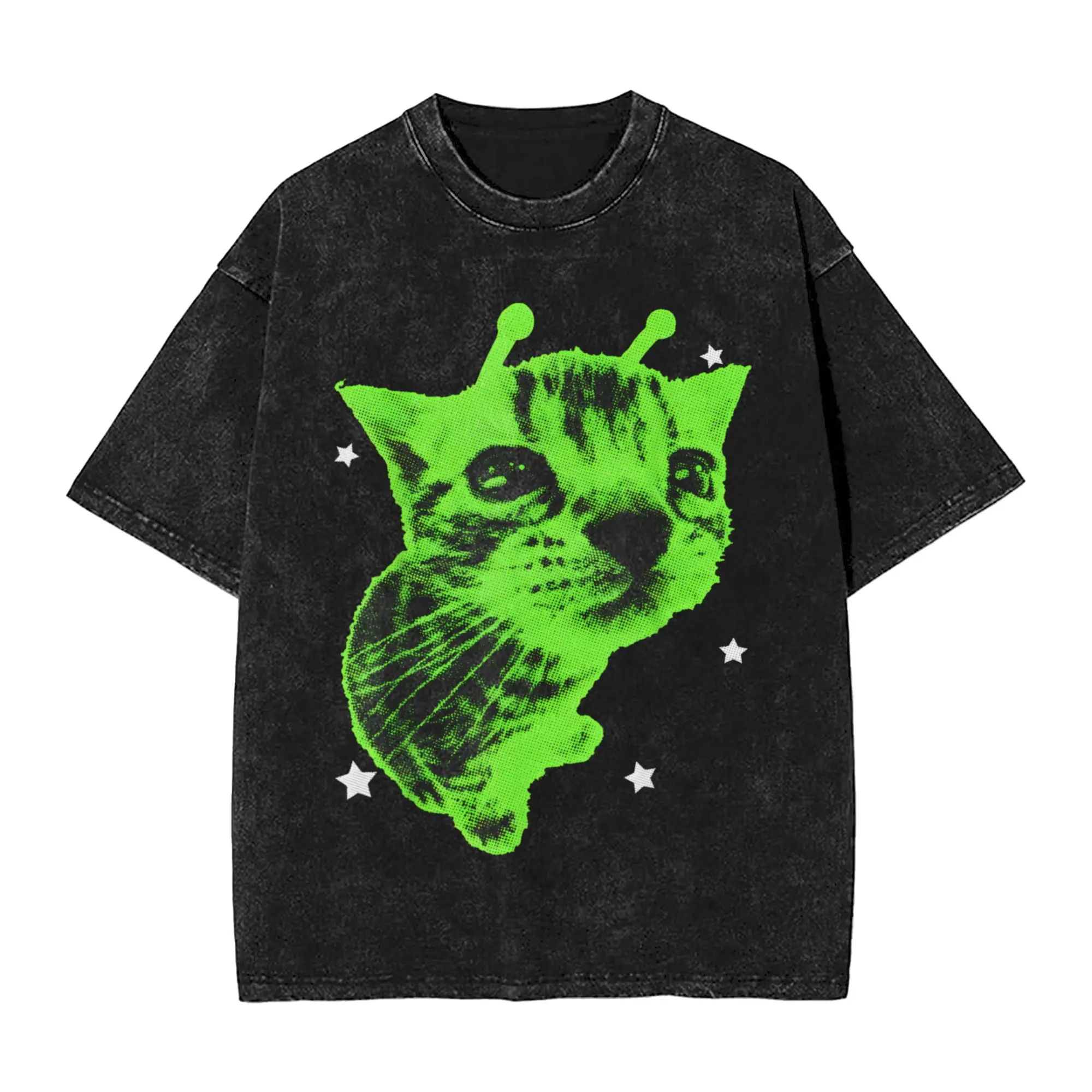 Y2K Alien Cat Meme Retro Silly Cat Vintage Space Kitty T-Shirt Men Awesome Cotton Tees O Neck Short Sleeve T Shirt Original Tops