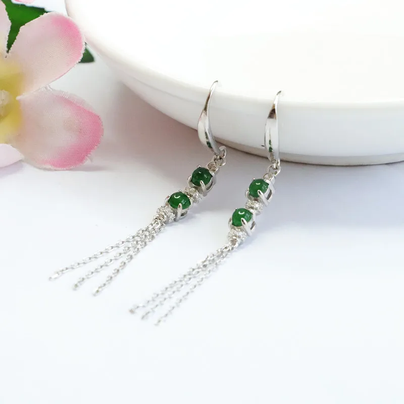 

​​S925 Silver Natural Jadeite Emperor Green Hook Earrings - Handcrafted Solid Color Jewelry​​