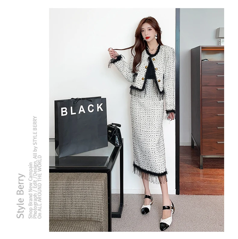 High Quality Fall Winter Elegant Tweed 2 Piece Set Women Outfits Tassel Small Fragrance Luxury Short Jacket Coat+Long Skirt Suit