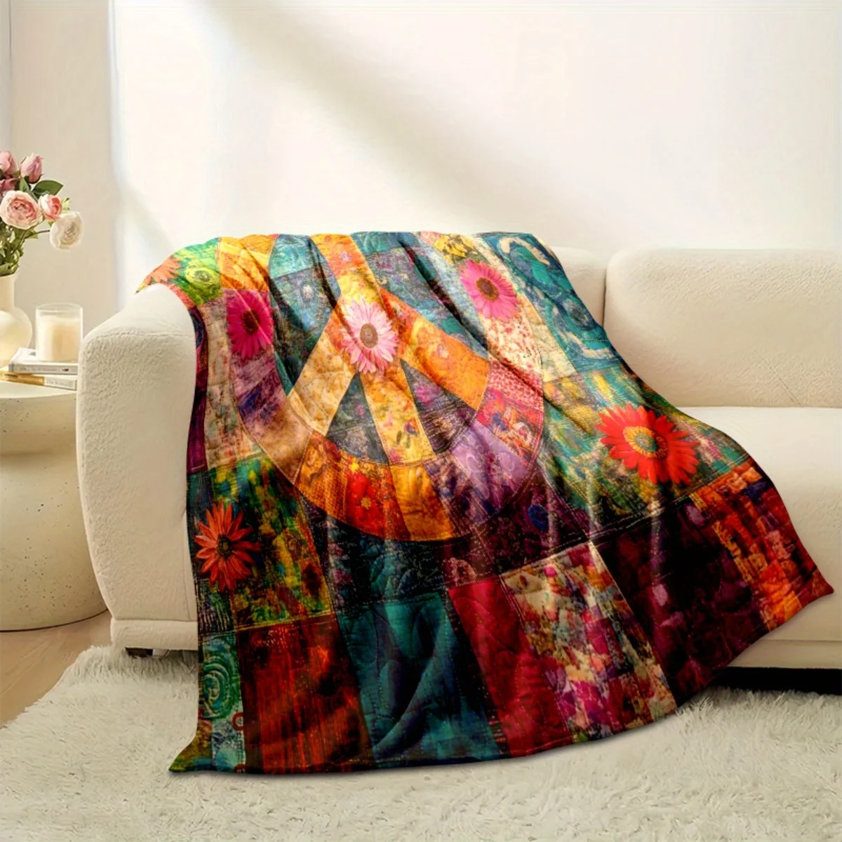 Vibrant Peace Sign Print Patchwork Quilt, Colorful Floral Polyester All-Season Throw for Sofa Bed, Home Decor & Gift