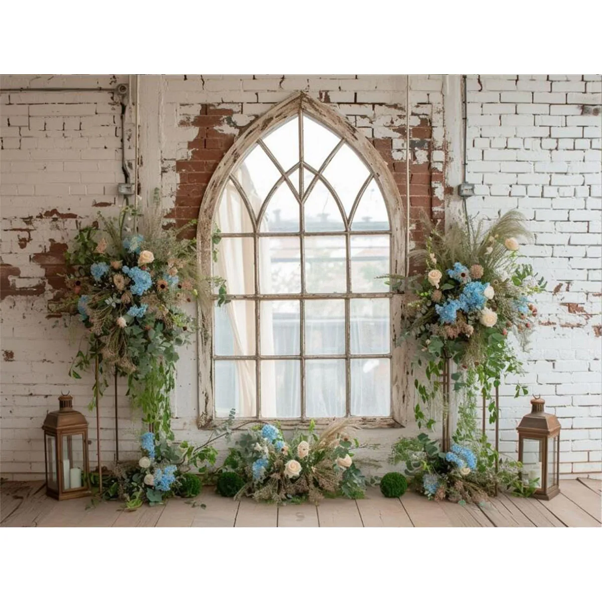 Mehofond Spring Backdrop Rustic Brick Wall Floral Window Wedding Maternity Background for Photography Photo Studio Photocall