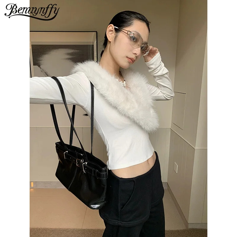 

Benuynffy 2025 Autumn Winter Fur Collar Solid Color Crop Tops for Woman Streetwear Fashion Long Sleeve Tees Y2k Women's Clothes