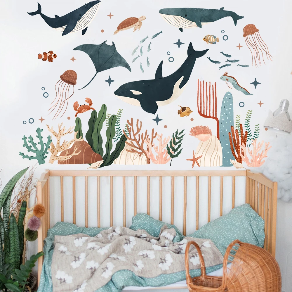 Large Ocean Animal Sea Life Wall Sticker Bedroom Living Room Whale Fish Grass Wall Decal Playroom Home Decor