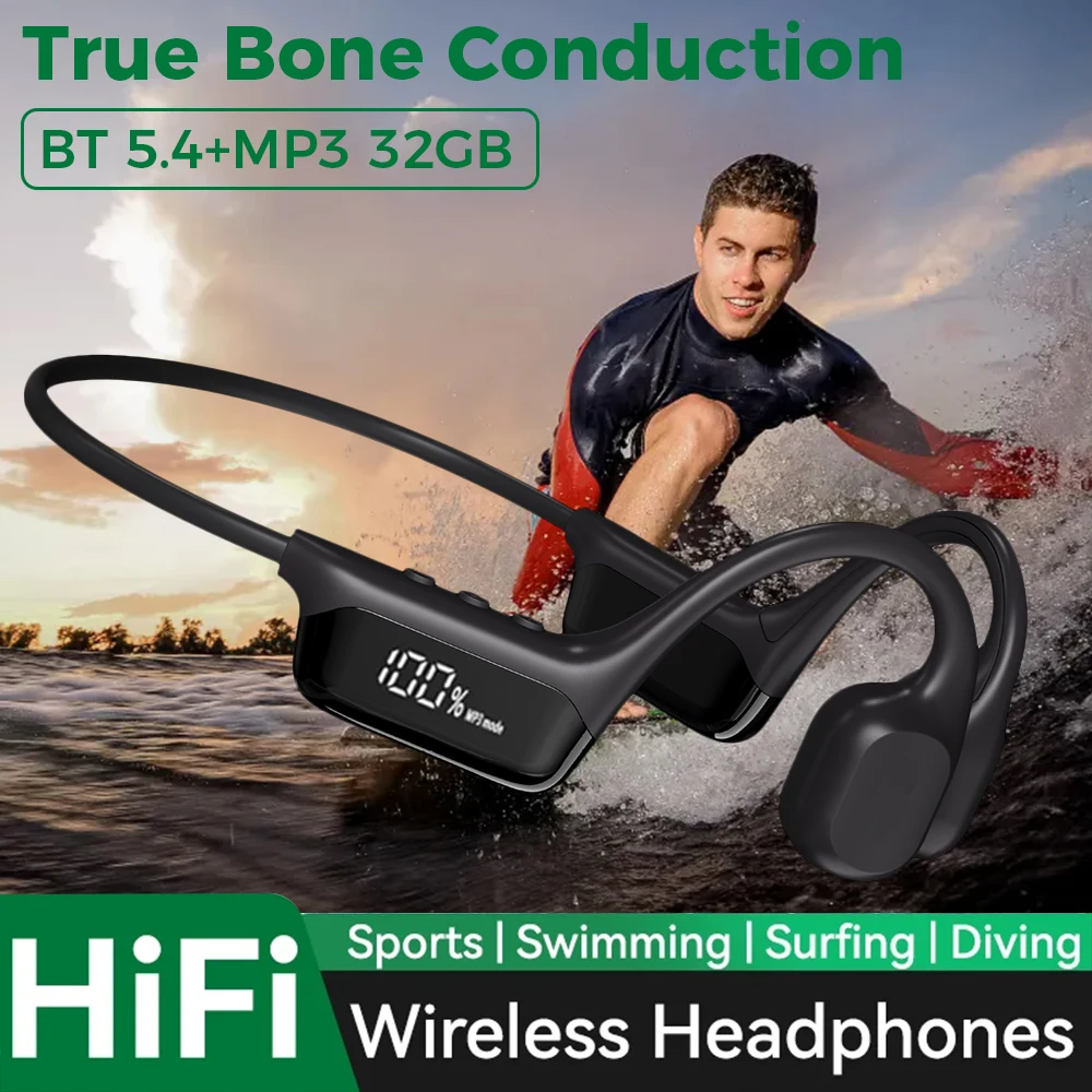 IPX8 Waterproof Bluetooth 5.4 True Bone Conduction Open Headphones 32GB MP3 Player LED Display HIFI Swimming Sports Headphones