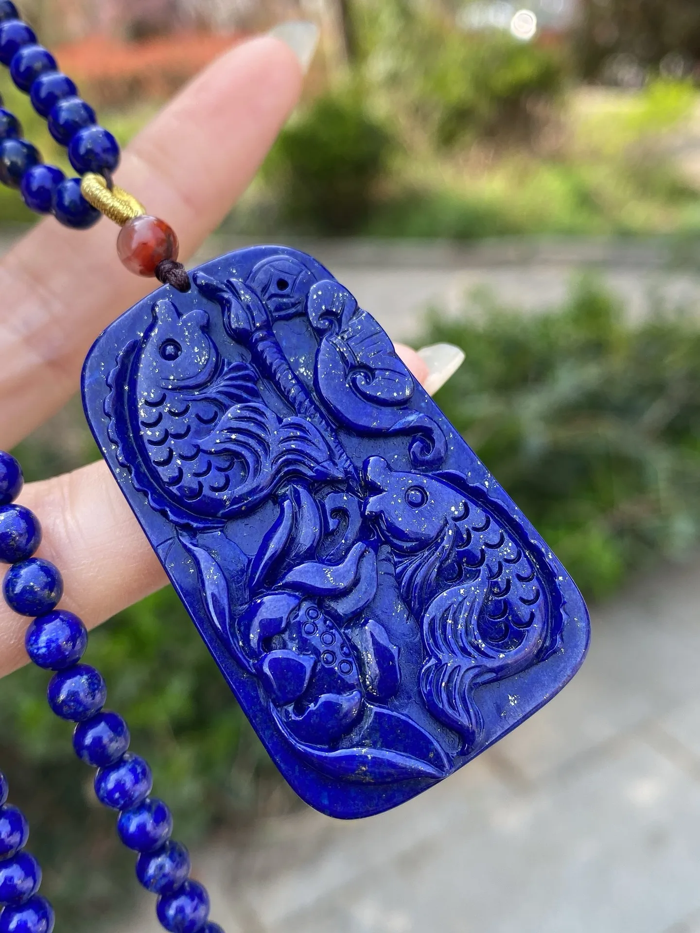 Natural Blue Lapis Lazuli Pendant Necklace Fish 53x31x7.3mm Women Men 5mm Beads Jewelry Gemstone AAAAAA