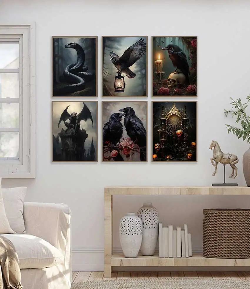 Dark Academy Victorian Gothic Poster Wind Moon Raven Skeleton Castle Bat  Retro Canvas Wall Art for Home Decor