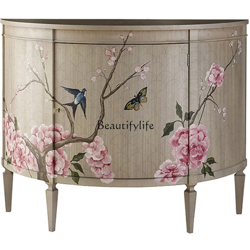 

American Modern Light Luxury Hand Painting Semicircle Entrance Cabinet Partition Curio Cabinet