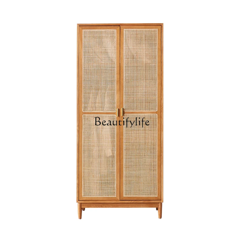 

Simple Modern Solid Wood Rattan Wardrobe Retro Domestic Bedroom Storage Locker