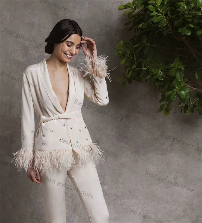 Feather Crystals Women Suit Set 2 Pieces Blazer+Straight Pants Wedding Tuxedos Formal Sexy V Neck Lady Jacket Coat Tailored