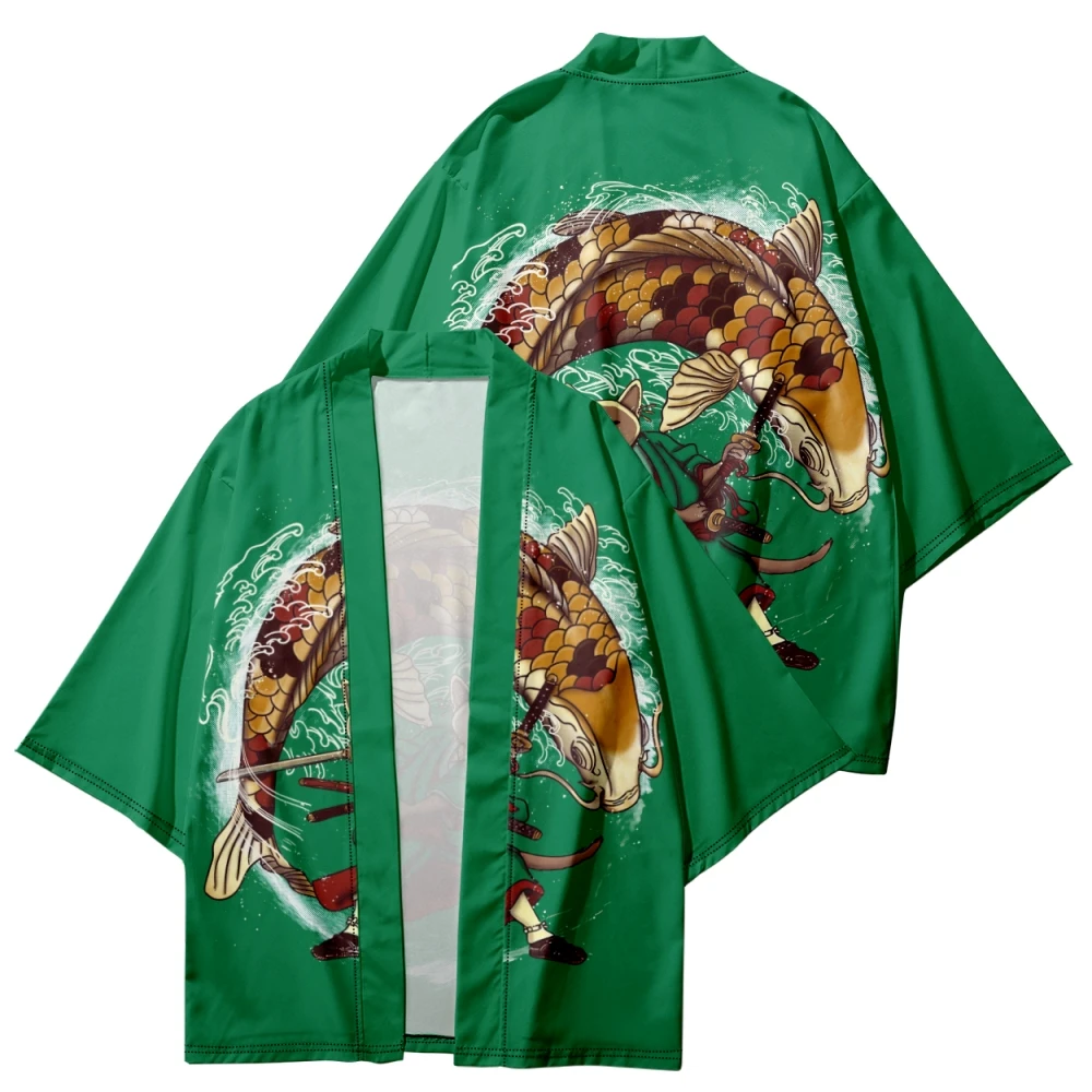 

Yukata Men Women Fashion Green Carp Print Cardigan Loose Blouse Haori Obi Asian Clothes Harajuku Japanese Cosplay Kimono