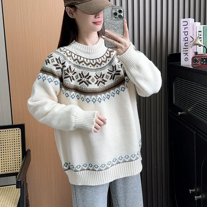 Maglioni pullover da donna Maglioni lavorati a maglia casual Modello geometrico natalizio Maniche lunghe Girocollo Elegante vestibilità ampia 2025 Autunno