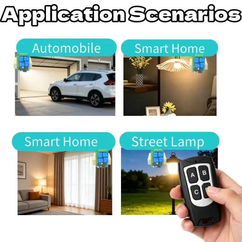 DC12V 4 Channel Wireless RF Relay Switch 433MHz Easy Pair 4 Key Remote Control Kit For Garage Door Light Lamp Door Access System