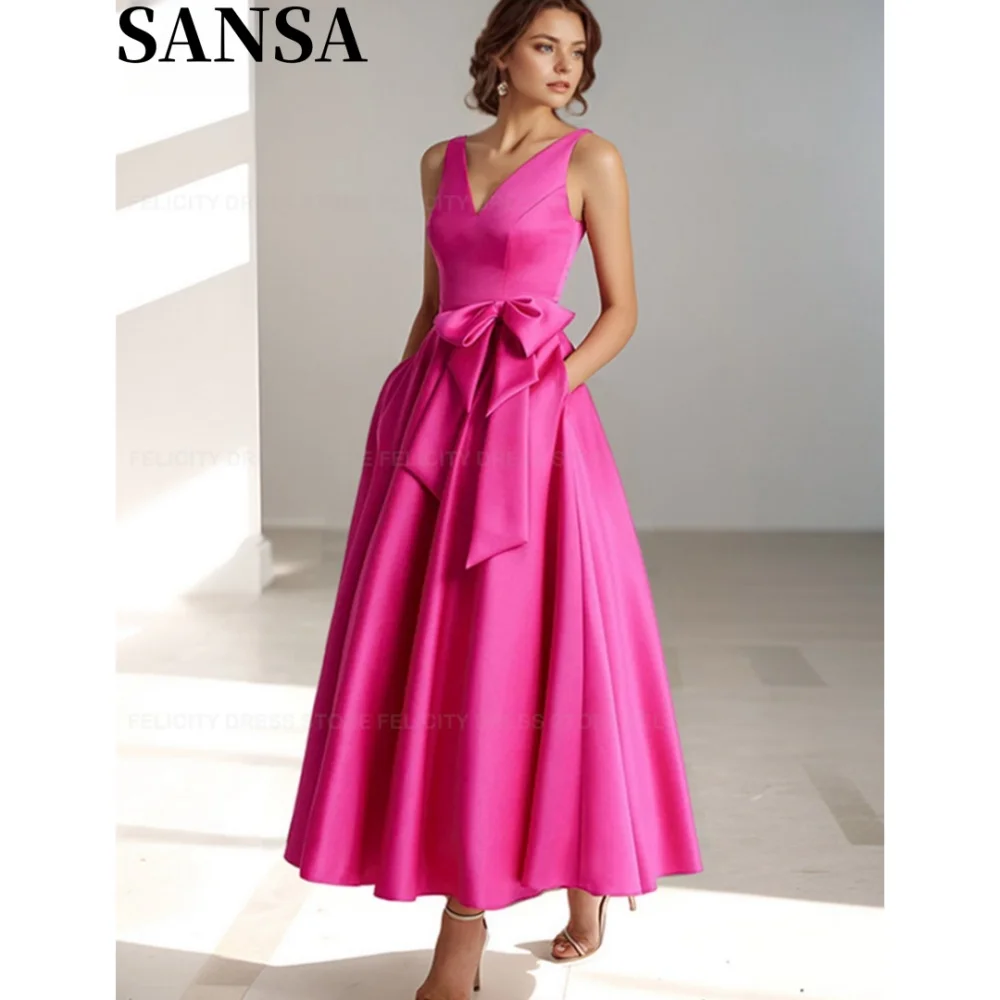 Sansa Elegant Bow Purple A-line Satin Evening Dress V Neck Ankle-Length Wedding Dress Sleeveless Draped vestidos de fiesta 2024