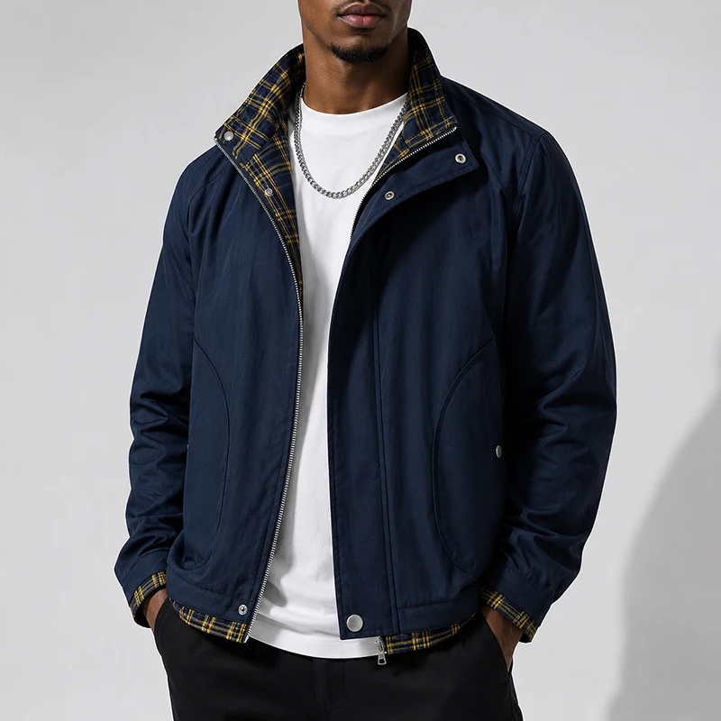Cargo Jacket Man Fashion Casual Autumn Winter Coats American Style Stand Collar Plaid Splicing Color Contrast Cargo Jacket