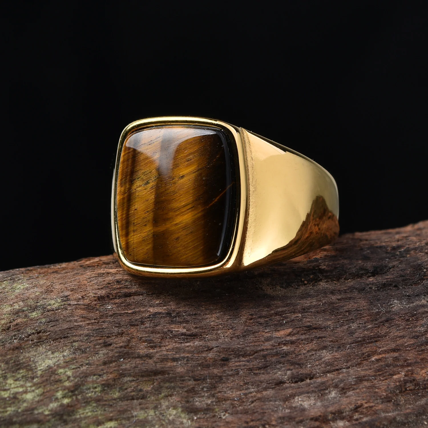 A3508 Men's/Women Trend High Quality 316LStainless Steel Multiple Colors Gemstone Style Onyx Golden Rings Jewelry