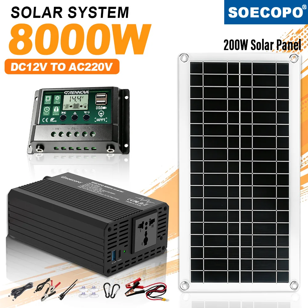 Off Grid Solar Power System Kit 8000W Inverter Heat Resistant 300W Panel MPPT Controller for RV Camping Home Emergency Backup