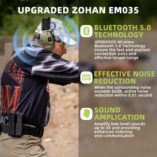 Imagen 2 del producto ZOHAN-orejeras antiruido, Protector auditivo, Bluetooth, caza, tiro, auriculares para reducción de ruido inalámbrica táctica activa