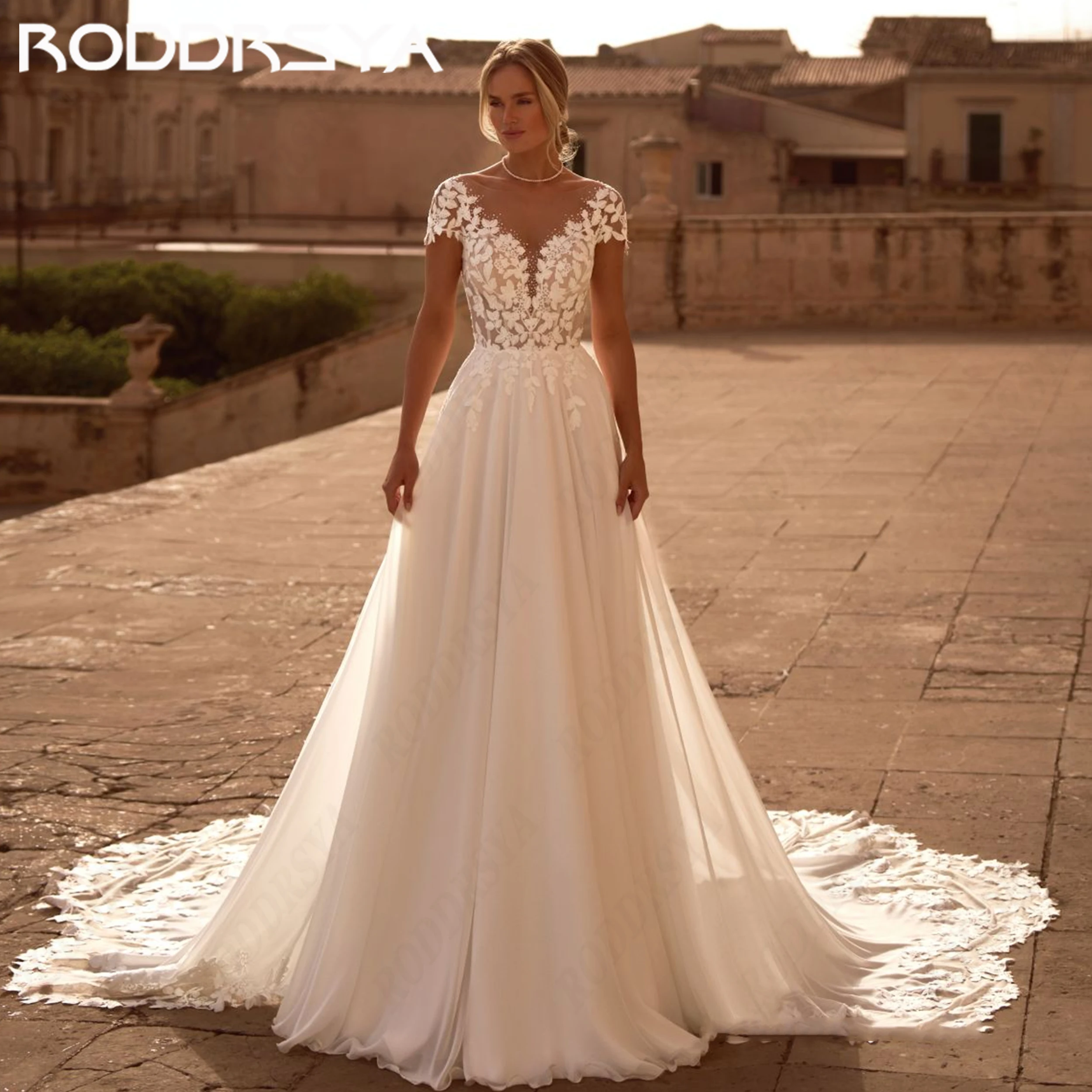 RODDRSYA Wedding Dress Illusion Lace Applique Chiffon A Line Bridal Dresses For Women Customized Cap Sleeve abito da sposa