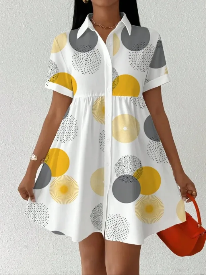 

Плюс размер 1XL-5XL, женское модное элегантное платье с геометрическим принтом, женские милые платья на пуговицах с воротником с лацканами и короткими рукавами