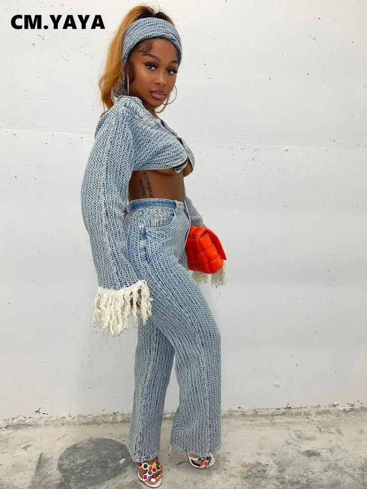 CM.YAYA Fashion Denim Women's Set Tassel Long Sleeve Crop Jean Jackets and Pants with Scarf 2023 Two 2Piece Set Outfit Tracksuit