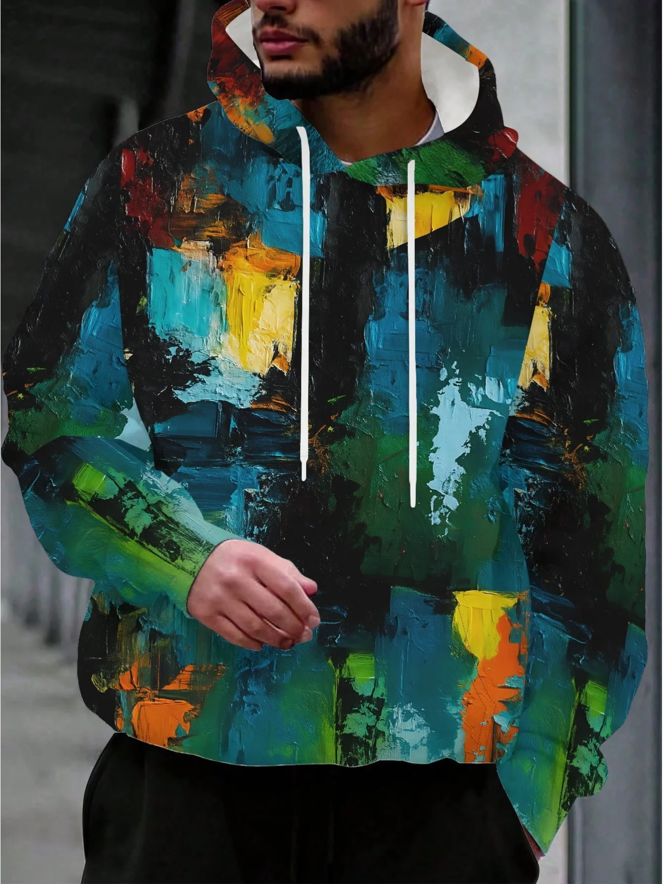 Men Black Base Hoodie Abstract Thick Brush Oil Paint Color Block Full Back Art Print Gallery Street Drawstring Pocket Sweatshirt