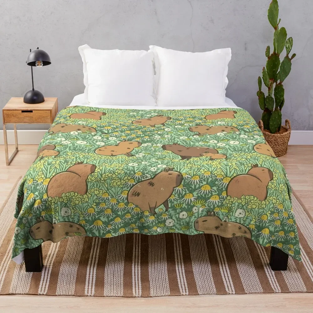 Capybaras Meadow in Green and Yellow Throw Blanket Camping Decoratives Picnic Winter beds Blankets