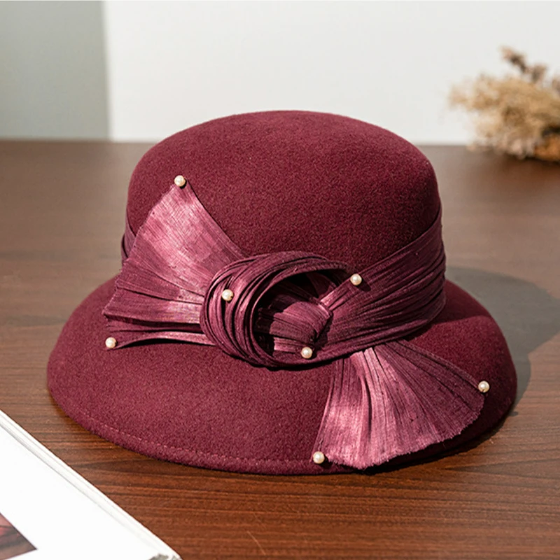 2025 Nowe Formalne Kapelusze Zimowe Czysty 100% Wełniany Filcowy Kapelusz Fedora Wino Czerwona Perłowa Wełna Prezent dla Matki Lady Najwyższej Klasy Bankiet Ślubny — zdjęcie 2