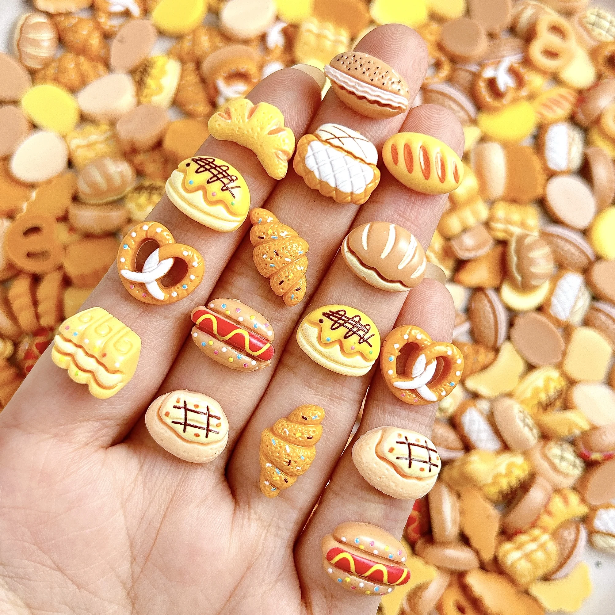 30PCS Resin Simulated Bread Series Nail Charms 3D Cute Cartoon Pretzel Knot Hot Dog Bun Nail Art Accessories for DIY Crafts