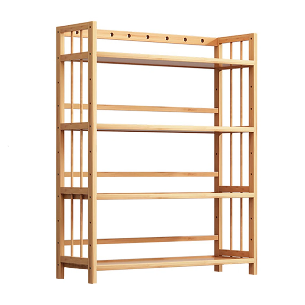 4-Tier Bamboo Shelf Large Capacity Storage Shelves Multi-Function Free-Standing Storage Rack for Bathroom Kitchen Living Room