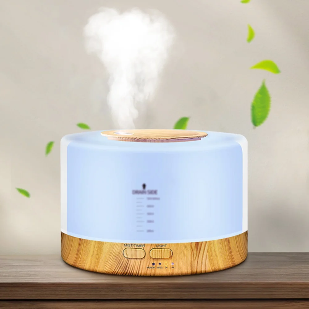 Difusor de óleo essencial 500ml, umidificador ultrassônico com controle remoto, grão de madeira, umidificador de ar de mesa com luzes noturnas coloridas