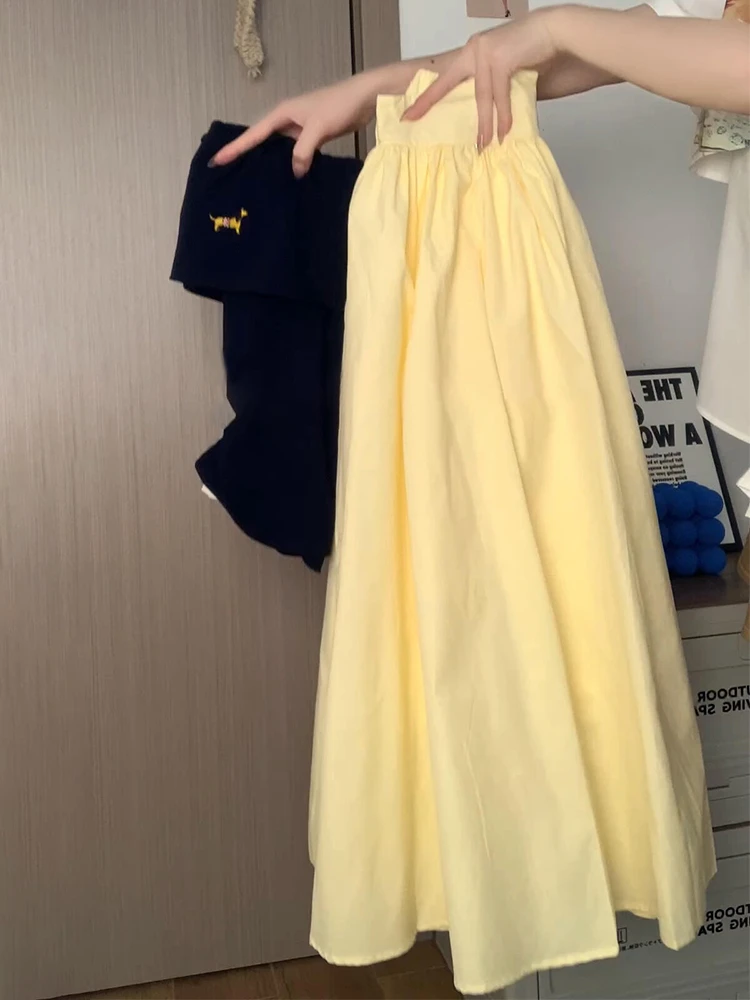 

2025 New Petite Yellow Midi Skirt Women Summer High Waist A Line Flared Casual Long Skirt Elegant Skirt Fashion Elegant Fashion