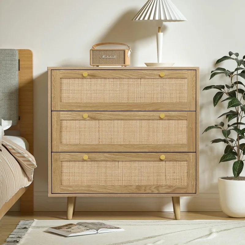 3 Drawer Dresser for Bedroom, Rattan Dresser Modern Wood Chest of Drawers with Spacious Storage for Bedroom Hallway Living