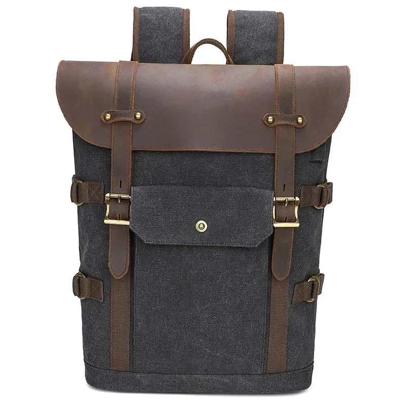 Retro Canvas Backpack Outdoor Travel Backpack Computer Bag Men\'s Crazy Horse Leather Backpack with USB Interface