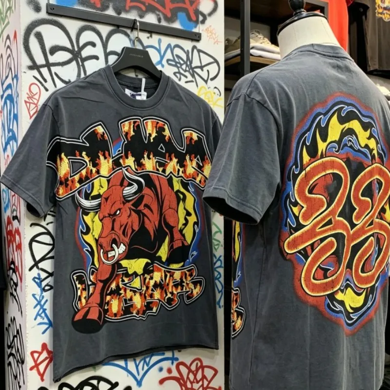 Summer Vintage Distressed DUAA Tshirts Men Women Cotton Bullfighting Pattern Rhinestone Letter Logo Short Sleeve Street Top Tees