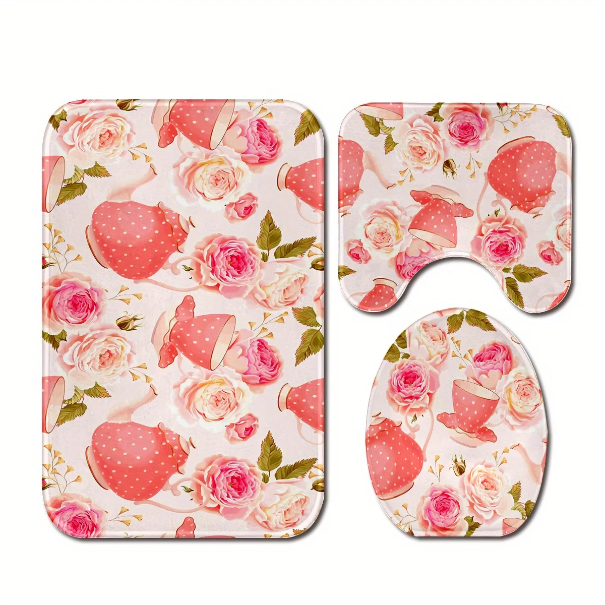 

Декор для ванной комнаты из 3 предметов с романтическим принтом роз — нескользящий коврик, коврик для сиденья унитаза, U-образный коврик — можно стирать в машине, полиэфирная ткань
