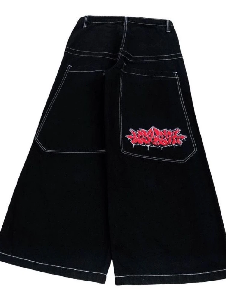 HOUZHOU-pantalones vaqueros negros de gran tamaño para mujer, Jeans Vintage de pierna ancha con bordado, estilo Grunge Hip Hop, ropa de calle holgada, Y2k