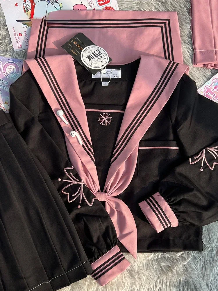 

Nicemix JK Original Kawaii Suit Japanese Genuine Cherry Blossom Embroidered Top + Dark Bad Jk Uniform Skirt Girly Sailor Suit