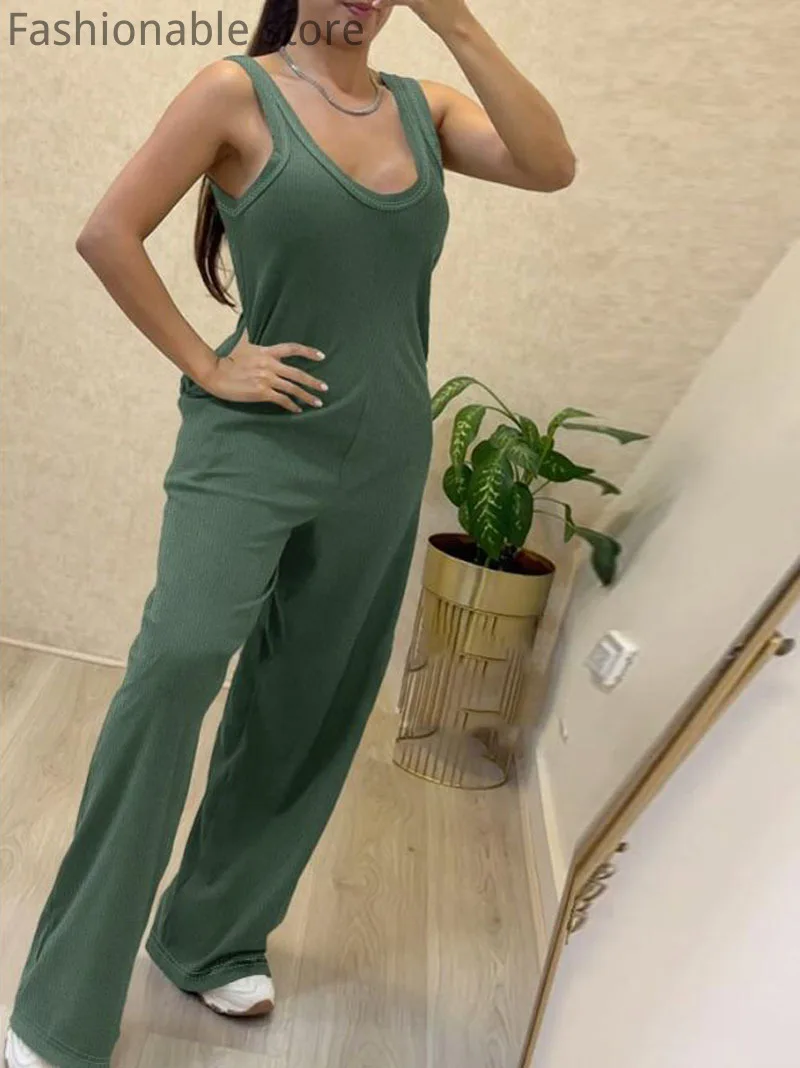 Women Casual Solid Color Sleeveless U-Neck Thick Strap Wide Leg Jumpsuit