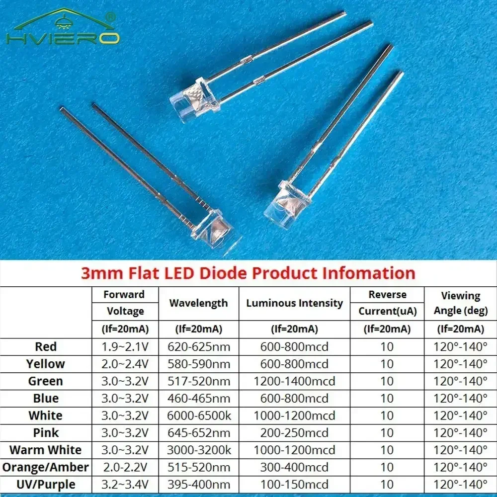 100Pcs F3 Flat Head 3mm Yellow Ultra Bright Top DIY Led Bulbs Wide Angle Light Beads Emitting Diode Lamp Water Clear Decoration