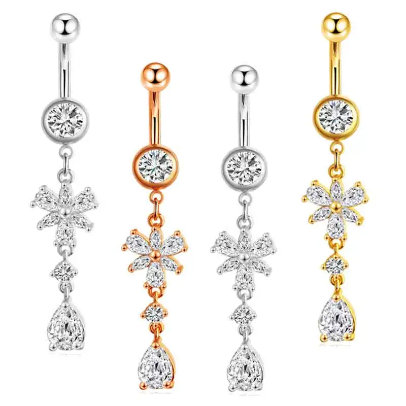 Mix 3 Color Dangle 14G Surgical Steel Belly Button Rings Flower Drop CZ Navel Curved Barbell Studs Sexy Body Piercing dangle Bel